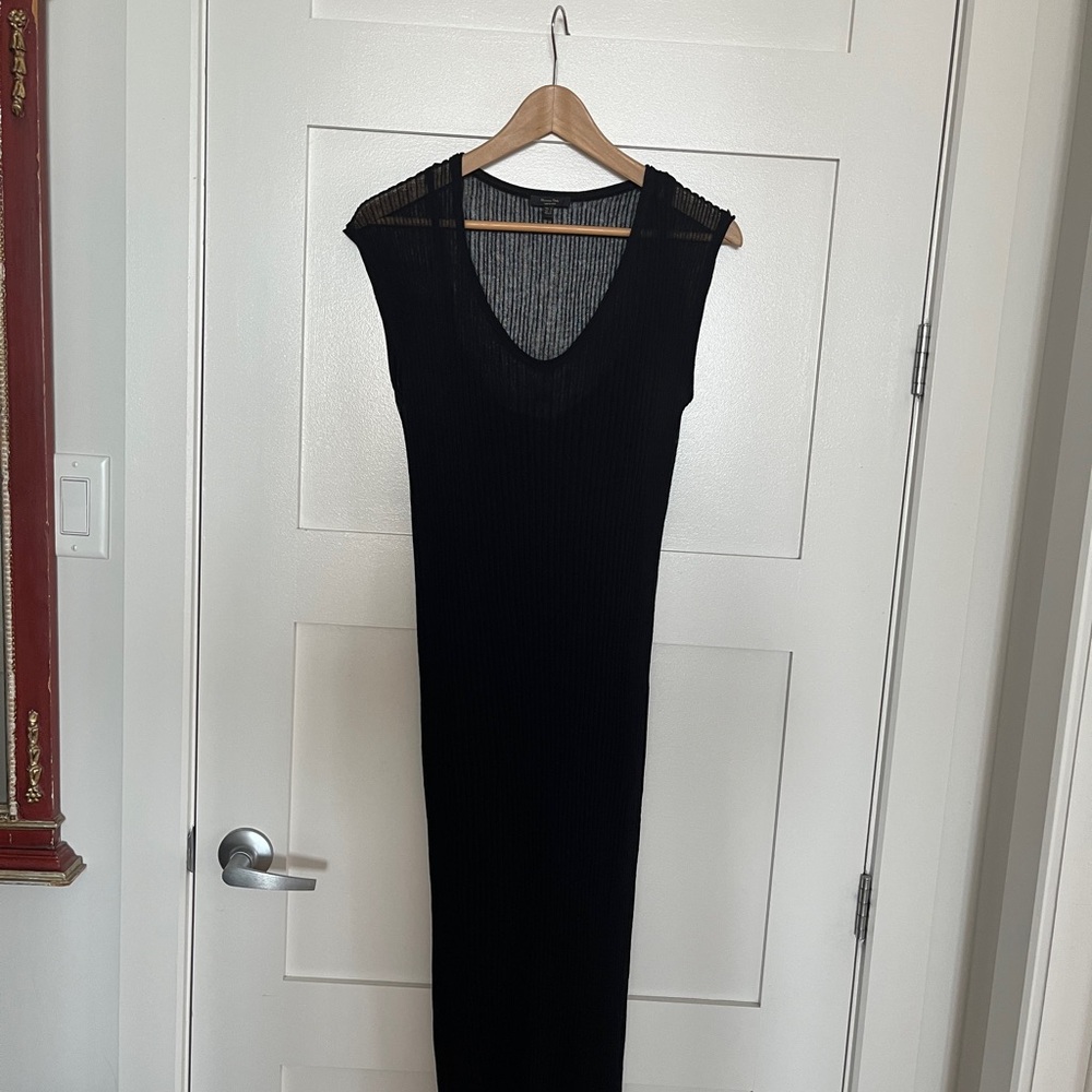Massimo Dutti Black Sheath Midi Dress V-Neck Cap Sleeve